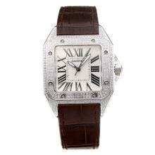 Cartier Santos Diamond Case with White Dial Brown Leather Strap-Sapphire Glass