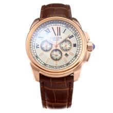 Cartier Calibre de Cartier Working Chronograph Rose Gold Case with White Dial-Leather Strap-1