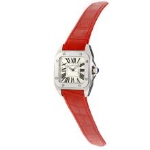 Cartier Santos 100 Swiss ETA Movement with White Dial-Red Leather Strap