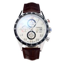 Tag Heuer Carrera Working Chronograph Black Bezel with White Dial-Leather Strap