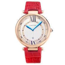 Cartier Classic Rose Gold Case with White Dial-Red Leather Strap