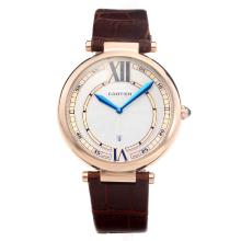 Cartier Classic Rose Gold Case with White Dial-Brown Leather Strap