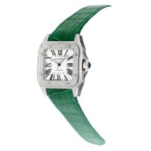 Cartier Santos 100 Swiss ETA 2813 Automatic Movement Diamond Case with White Dial-Green Leather Strap