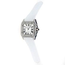 Cartier Santos 100 Swiss ETA 2813 Automatic Movement Diamond Case with White Dial-White Leather Strap