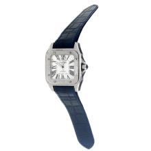 Cartier Santos 100 Swiss ETA 2813 Automatic Movement Diamond Case with White Dial-Blue Leather Strap