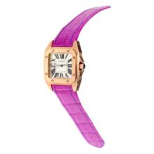 Cartier Santos 100 Swiss ETA Movement Rose Gold Case with White Dial-Purple Leather Strap-Sapphire Glass