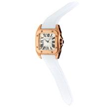 Cartier Santos 100 Swiss ETA Movement Rose Gold Case with White Dial-White Leather Strap-Sapphire Glass