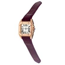 Cartier Santos 100 Swiss ETA Movement Rose Gold Case with White Dial-Dark Purple Leather Strap-Sapphire Glass