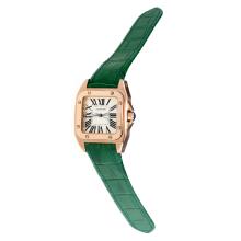 Cartier Santos 100 Swiss ETA Movement Rose Gold Case with White Dial-Green Leather Strap-Sapphire Glass