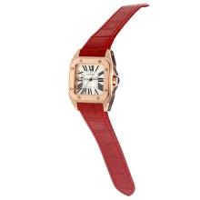 Cartier Santos 100 Swiss ETA Movement Rose Gold Case with White Dial-Red Leather Strap-Sapphire Glass