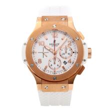 Hublot Big Bang Chronograph Asia Valjoux 7750 Movement Rose Gold Case with White Dial-Rubber Strap-Sapphire Glass