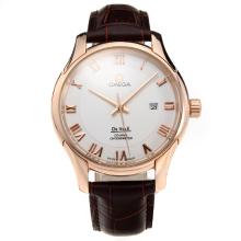 Omega De Ville Automatic Rose Gold Case with White Dial-Leather Strap-4