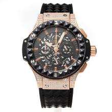 Hublot Big Bang Working Chronograph PVD Bezel Diamond Rose Gold Case with Black Dial-Rubber Strap
