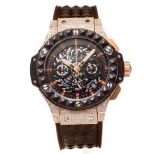Hublot Big Bang Working Chronograph Brown Bezel Diamond Rose Gold Case with Brown Dial-Rubber Strap