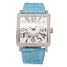 Frank Muller Master Square Swiss ETA 2836 Movement Diamond Case with White Dial-Sky Blue Leather Strap-Sapphire Glass
