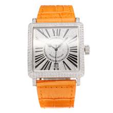 Frank Muller Master Square Swiss ETA 2836 Movement Diamond Case with Diamond Dial-Orange Leather Strap-Sapphire Glass