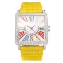 Frank Muller Master Square Swiss ETA 2836 Movement Diamond Case with White Dial-Yellow Leather Strap-Sapphire Glass