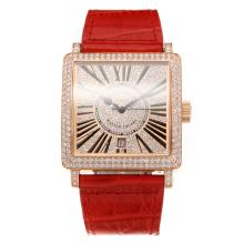 Frank Muller Master Square Swiss ETA 2836 Movement Diamond Rose Gold Case with Diamond Dial-Red Leather Strap-Sapphire Glass