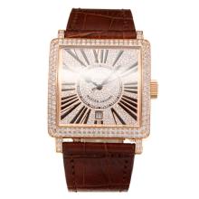 Frank Muller Master Square Swiss ETA 2836 Movement Diamond Rose Gold Case with Diamond Dial-Brown Leather Strap-Sapphire Glass