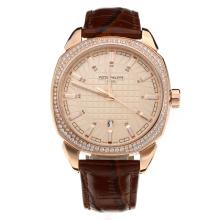 Patek Philippe Classic Diamond Bezel Rose Gold Case with Champagne Dial-Leather Strap