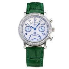 Frank Muller Master Square Working Chronograph Diamond Bezel with White Dial-Green Leather Strap