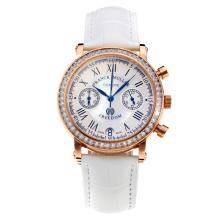 Frank Muller Master Square Working Chronograph Diamond Bezel Rose Gold Case with White Dial-White Leather Strap
