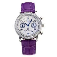 Frank Muller Master Square Working Chronograph Diamond Bezel with White Dial-Purple Leather Strap