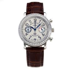 Frank Muller Master Square Working Chronograph Diamond Bezel with White Dial-Brown Leather Strap