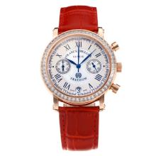Frank Muller Master Square Working Chronograph Diamond Bezel Rose Gold Case with White Dial-Red Leather Strap