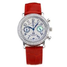 Frank Muller Master Square Working Chronograph Diamond Bezel with White Dial-Red Leather Strap