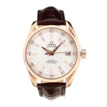 Omega Seamaster Swiss ETA 2836 Movement Rose Gold Case with White Dial-Leather Strap-Sapphire Glass