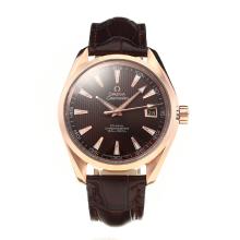 Omega Seamaster Swiss ETA 2836 Movement Rose Gold Case with Brown Dial-Leather Strap-Sapphire Glass