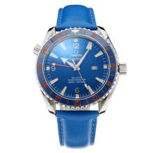 Omega Seamaster Automatic GMT Working Ceramic Bezel with Blue Dial-Leather Strap(Gift Box is Included)