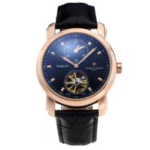 Vacheron Constantin Tourbillon Working Two Time Zone Automatic Rose Gold Case with Black Dial-Leather Strap