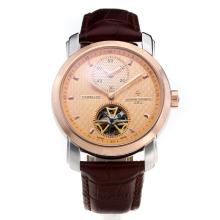 Vacheron Constantin Tourbillon Working Two Time Zone Automatic Two Tone Case with Champagne Dial-Leather Strap