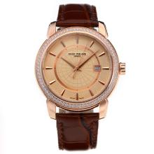 Patek Philippe Rose Gold Case Diamond Bezel with Champagne Dial-Leather Strap-1