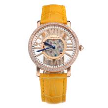 Cartier Calibre de Cartier Rose Gold Case Diamond Bezel and Markers with Skeleton Dial-Yellow Leather Strap