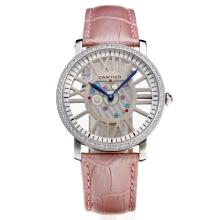 Cartier Calibre de Cartier Diamond Bezel with Skeleton Dial-Light Pink Leather Strap(Gift Box is Included)
