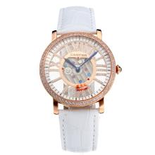 Cartier Calibre de Cartier Rose Gold Case Diamond Bezel and Markers with Skeleton Dial-White Leather Strap