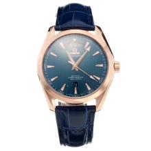 Omega Seamaster Swiss ETA 2836 Movement Rose Gold Case with Blue Dial-Leather Strap-1