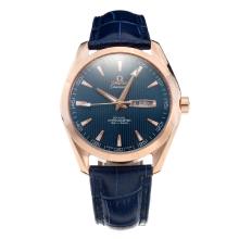 Omega Seamaster Swiss ETA 2836 Movement Rose Gold Case with Blue Dial-Leather Strap