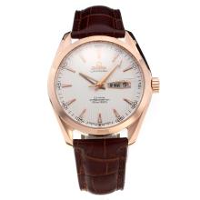Omega Seamaster Swiss ETA 2836 Movement Rose Gold Case with White Dial-Leather Strap-1