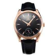 Omega Seamaster Manual Winding Rose Gold Case with Black Dial-Leather Strap