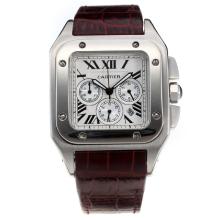 Cartier Santos 100 Working Chronograph with White Dial-Leather Strap