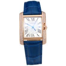 Cartier Tank Rose Gold Case Diamond Bezel with White Dial-Blue Leather Strap