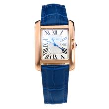 Cartier Tank Rose Gold Case with White Dial-Blue Leather Strap