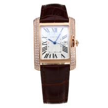 Cartier Tank Rose Gold Case Diamond Bezel with White Dial-Brown Leather Strap
