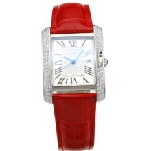 Cartier Tank Diamond Bezel with White Dial-Red Leather Strap