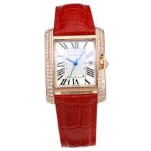 Cartier Tank Rose Gold Case Diamond Bezel with White Dial-Red Leather Strap