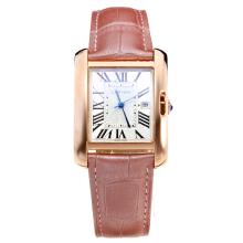 Cartier Tank Rose Gold Case with White Dial-Pink Leather Strap